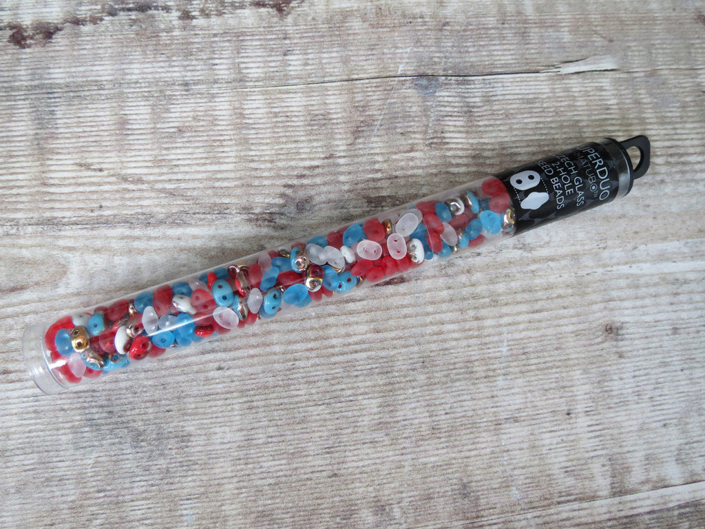 Superduo bead mix 'Summer Picnic' in blue red and white