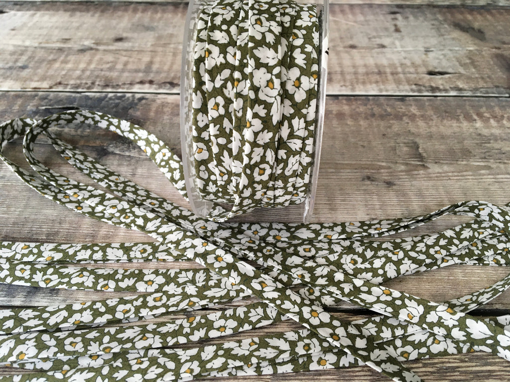 Liberty fabric Feather Meadow B (olive green) bias binding, 10mm