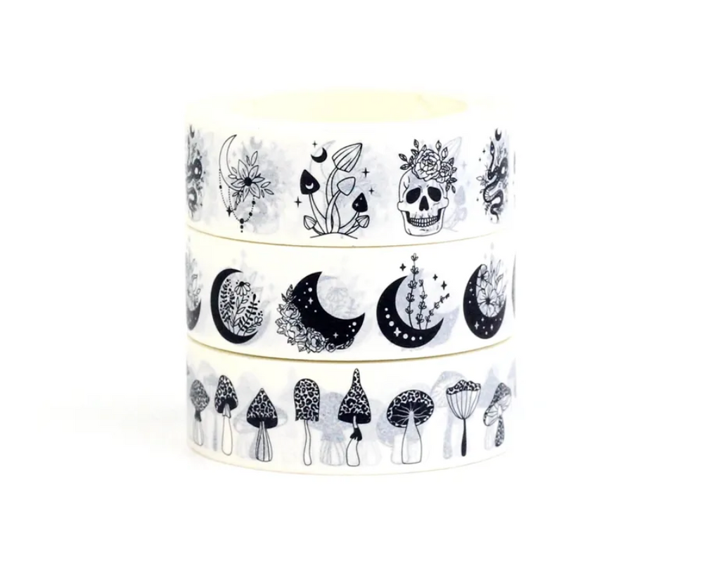 Washi Tape - black & white floral skulls, half moons and mushrooms