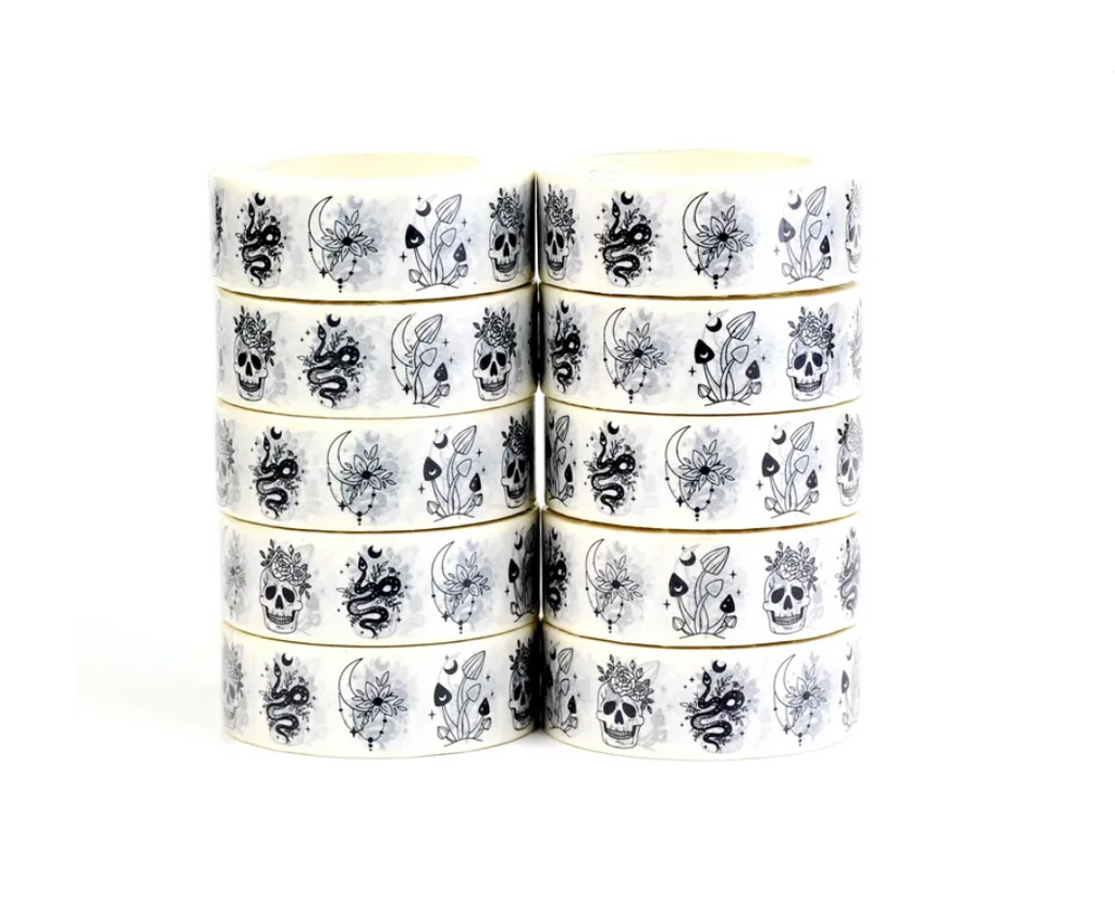 Washi Tape - black & white floral skulls, half moons and mushrooms