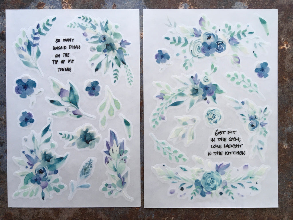 Watercolour florals & leaves in blue & green - set of 2x 'rub on' transfer style sticker sheets
