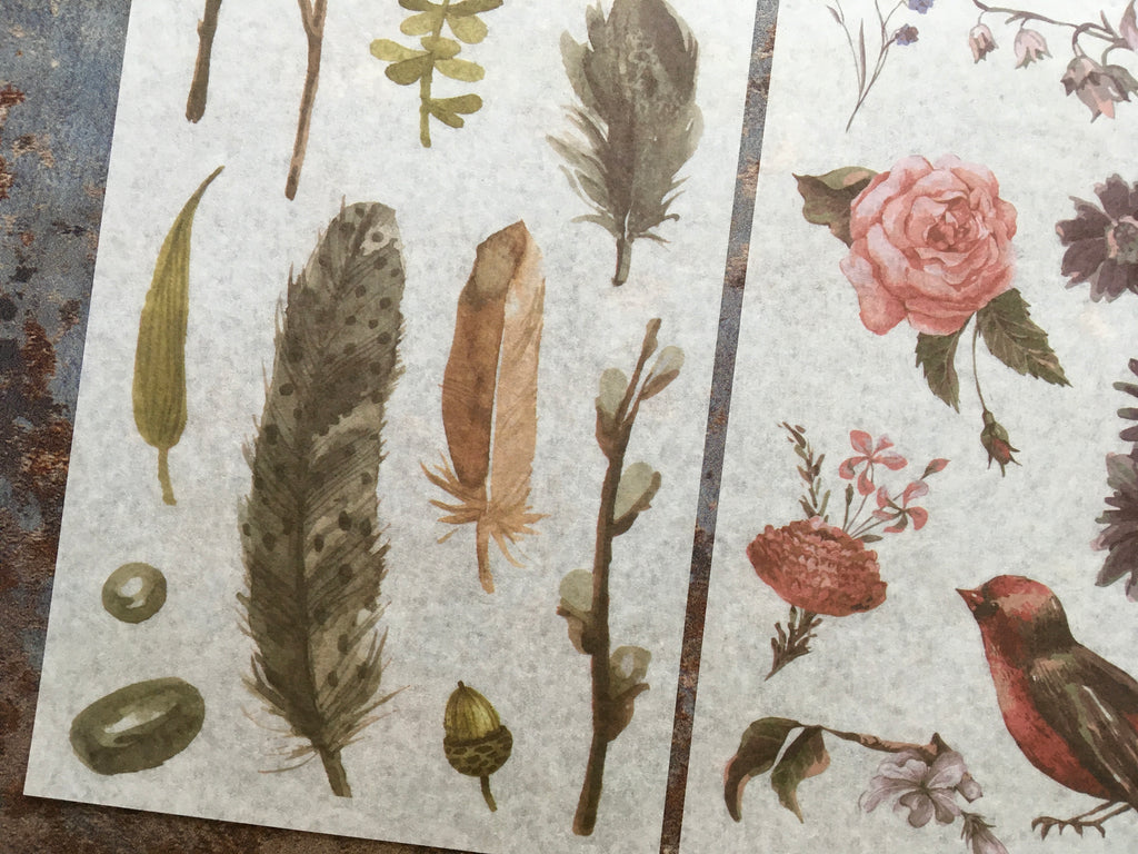 Bird, blossom and feather sticker sheets