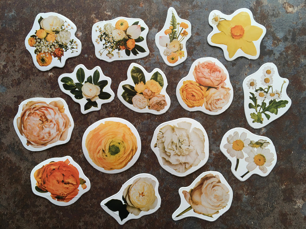 Set of floral stickers with daffodils, roses and daisies