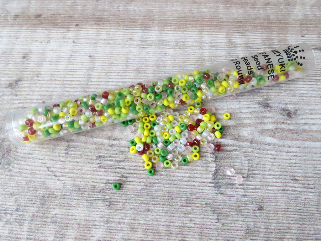 Green yellow and red seed bead mix size by Miyuki for beading and jewellery making