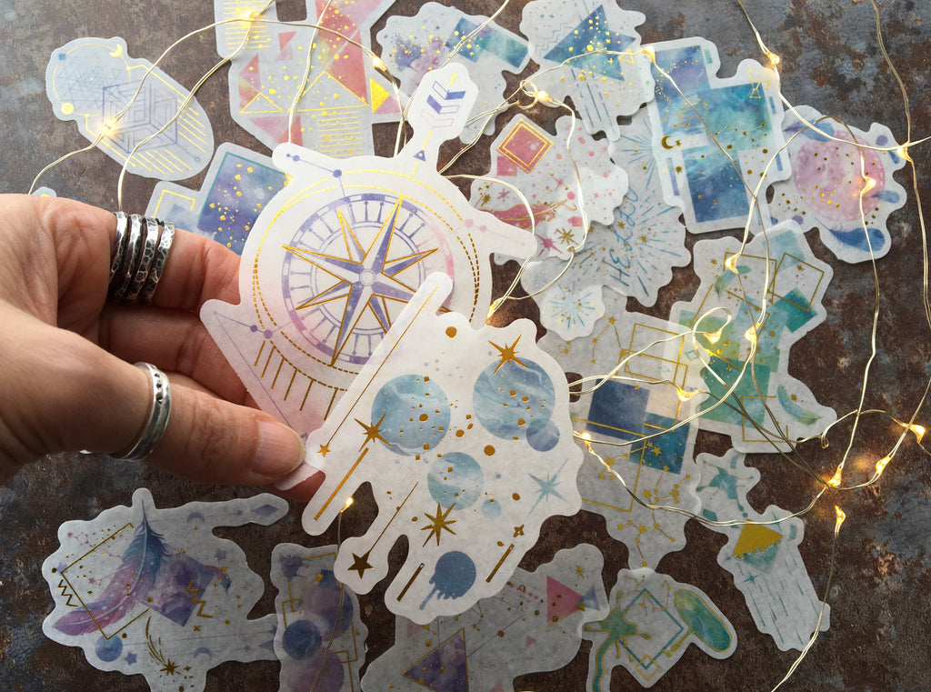 watercolour style stickers with gold foil detail