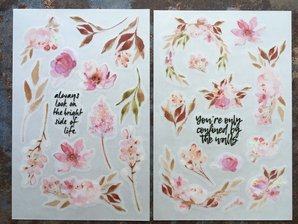 Watercolour florals & leaves in dusky pink - set of 2x rub on transfer sticker sheets
