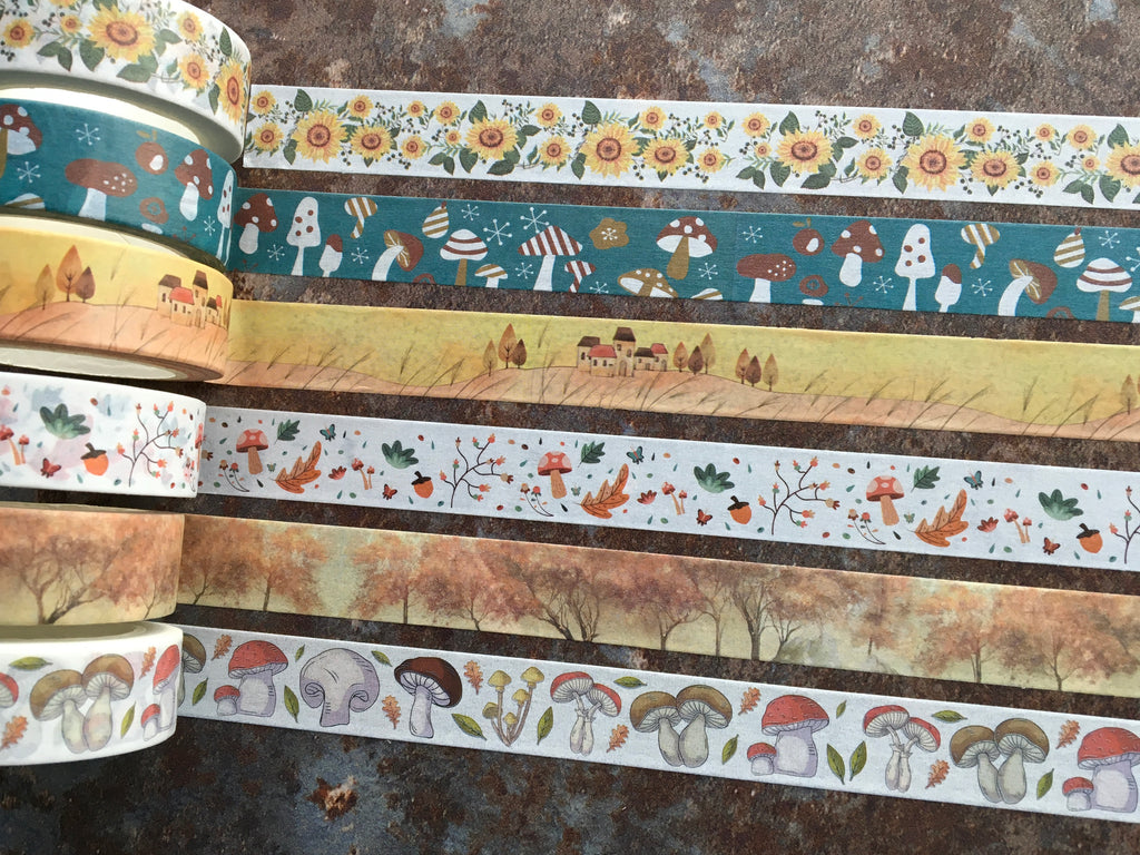 autumn washi tapes with mushrooms, falling leaves and trees