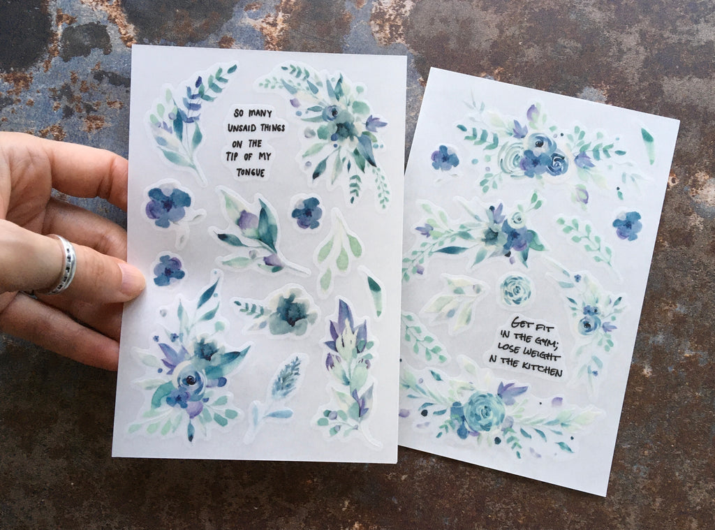 Watercolour florals & leaves in blue & green - set of 2x 'rub on' transfer style sticker sheets
