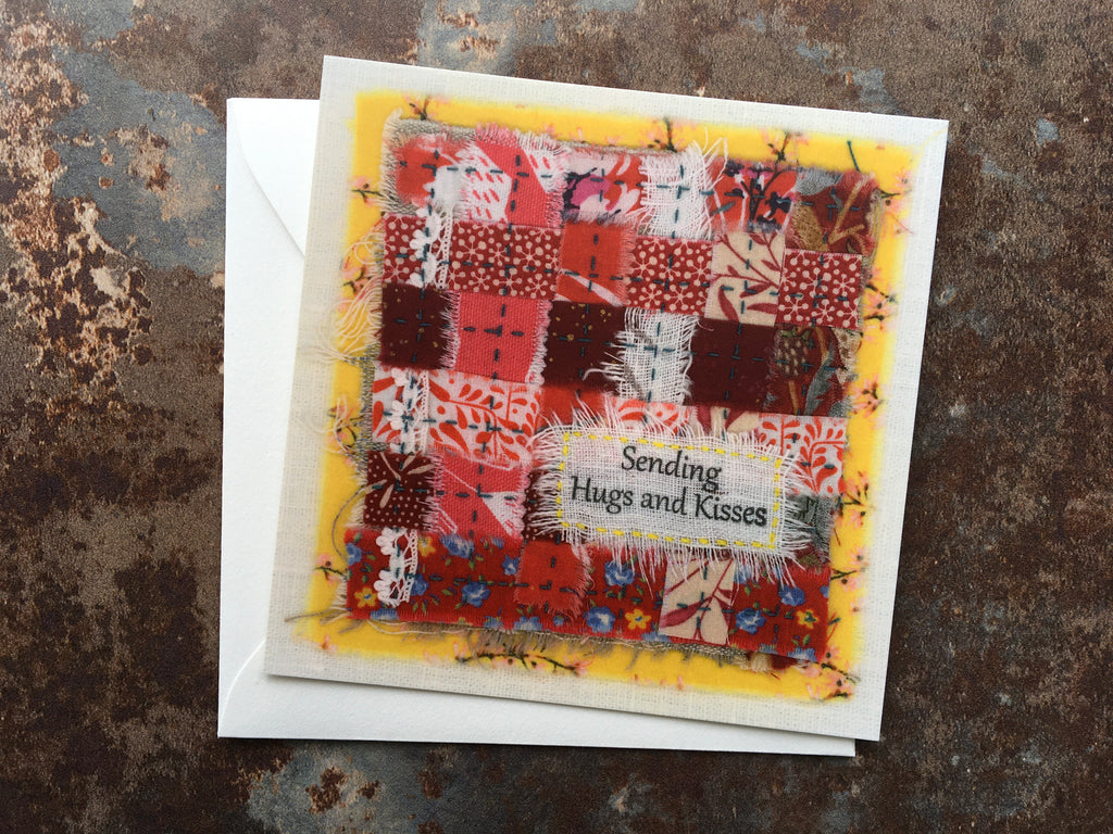 embroidery art post card in red and yellow