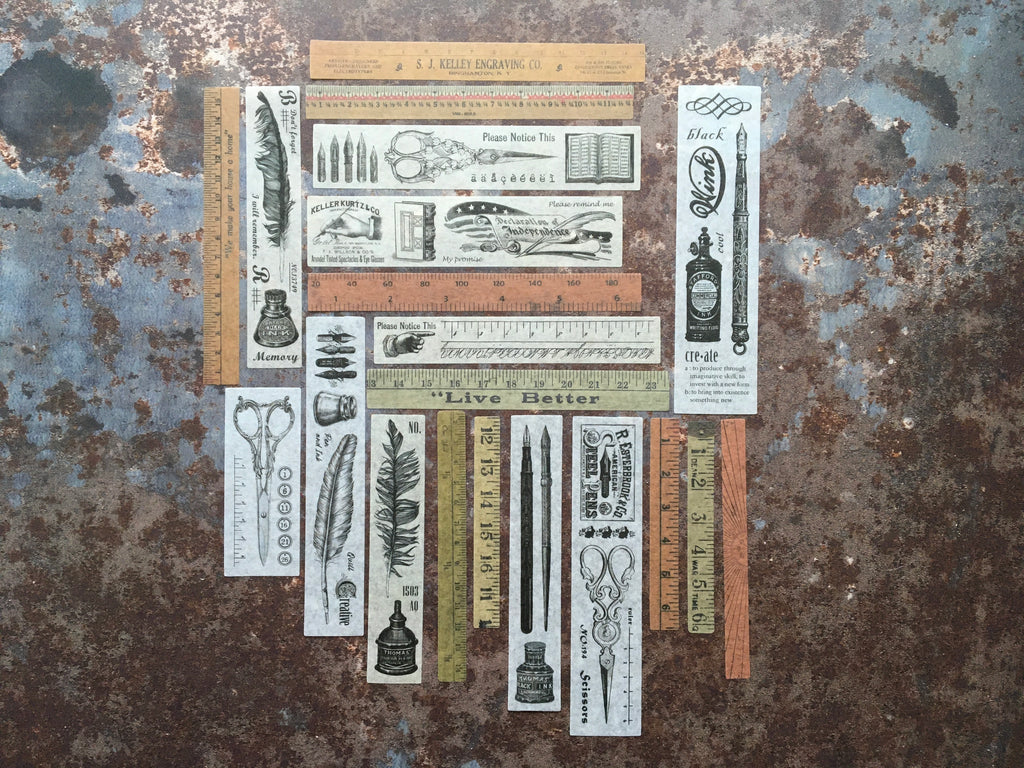 Vintage quill & ink, scissors and measuring tape sticker collection