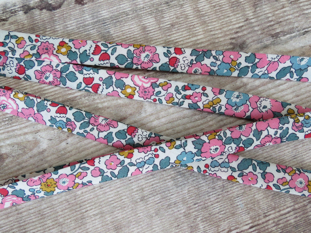 Pink and teal Liberty Betsy Ann Pivoines bias tape for customising textiles