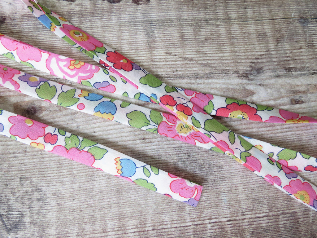 Pink and green bias binding made with Liberty Tana Lawn cotton