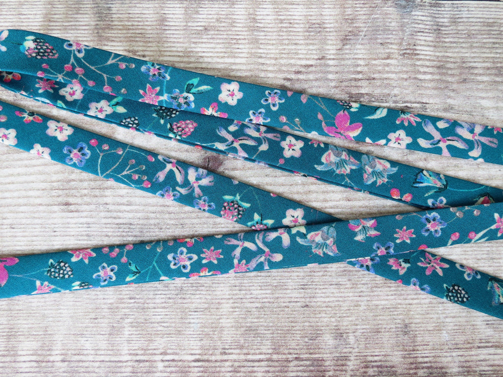 Teal and pink Liberty bias tape with pretty floral pattern