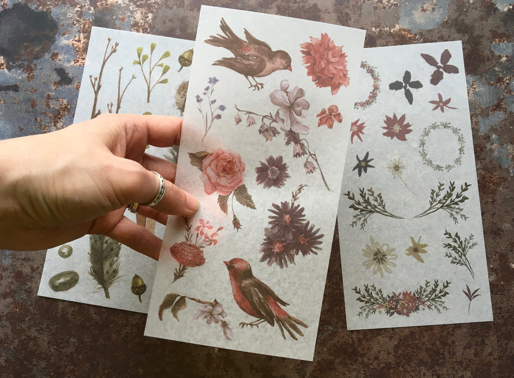 Bird, blossom and feather sticker sheets