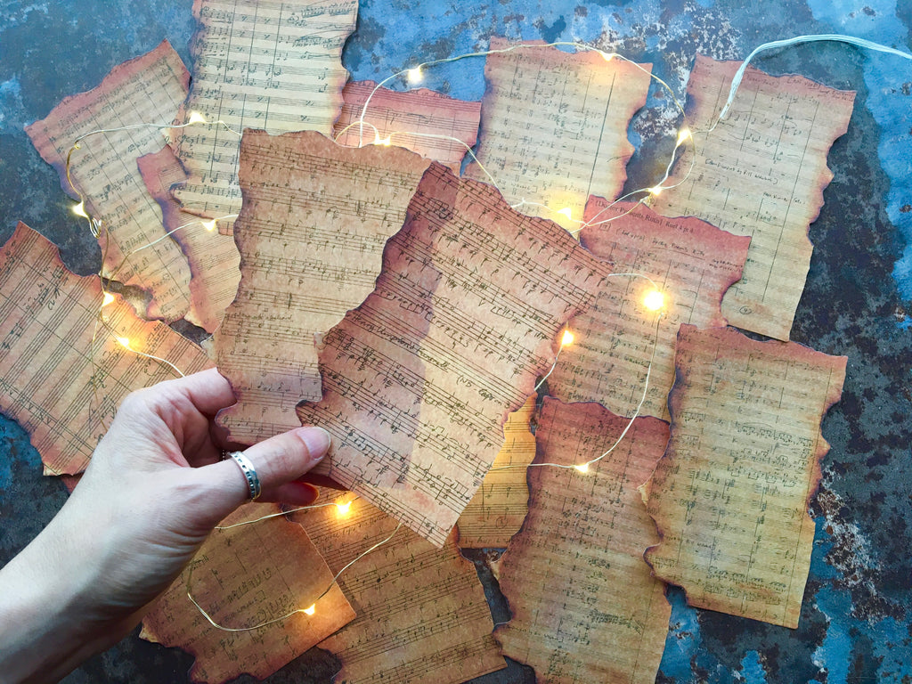 burnt paper style art papers with sheet music patterns for journaling and scrapbooking