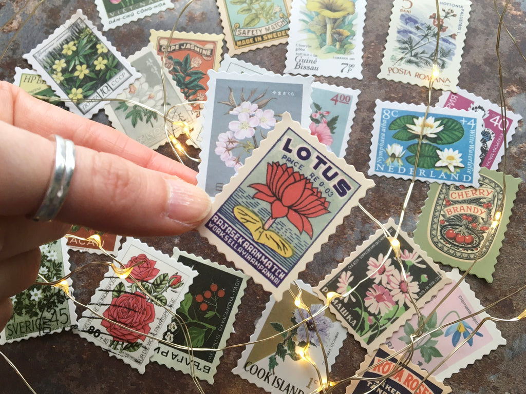 Faux stamp stickers with floral motifs