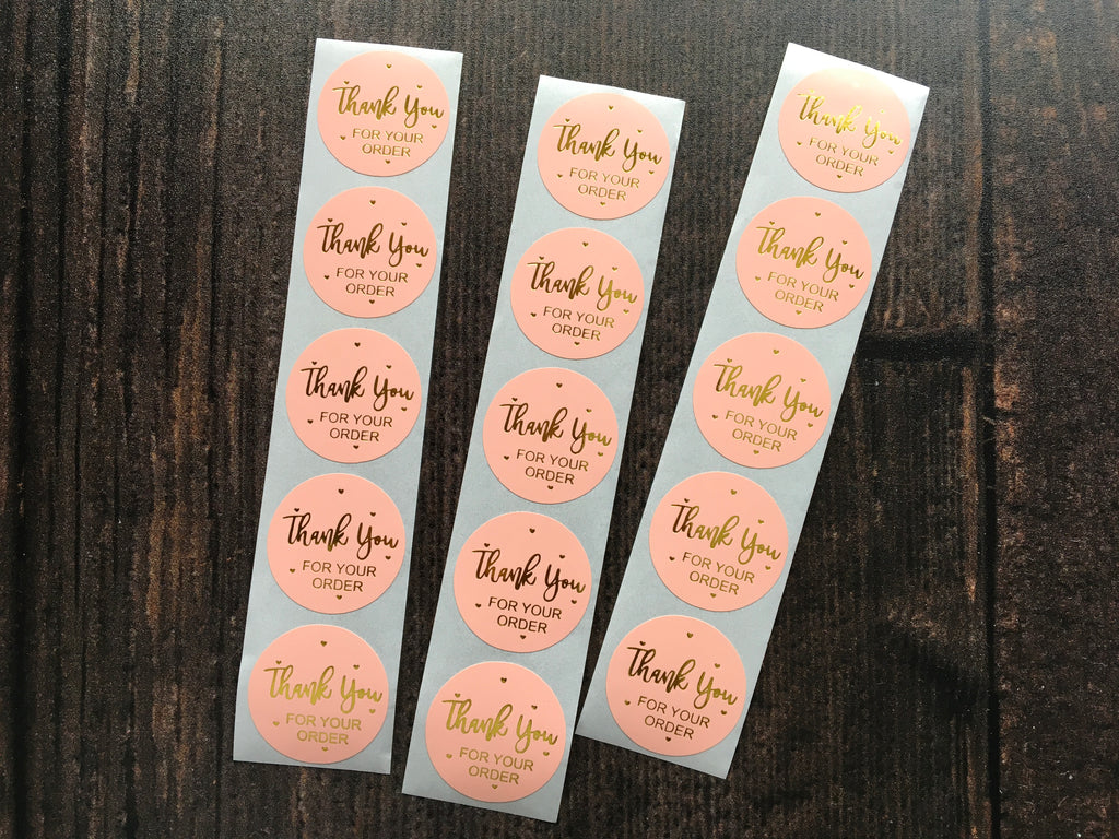 pink with gold foil 'thank you' stickers