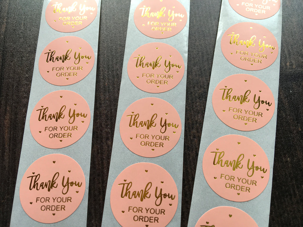 pink with gold foil 'thank you for your order' stickers
