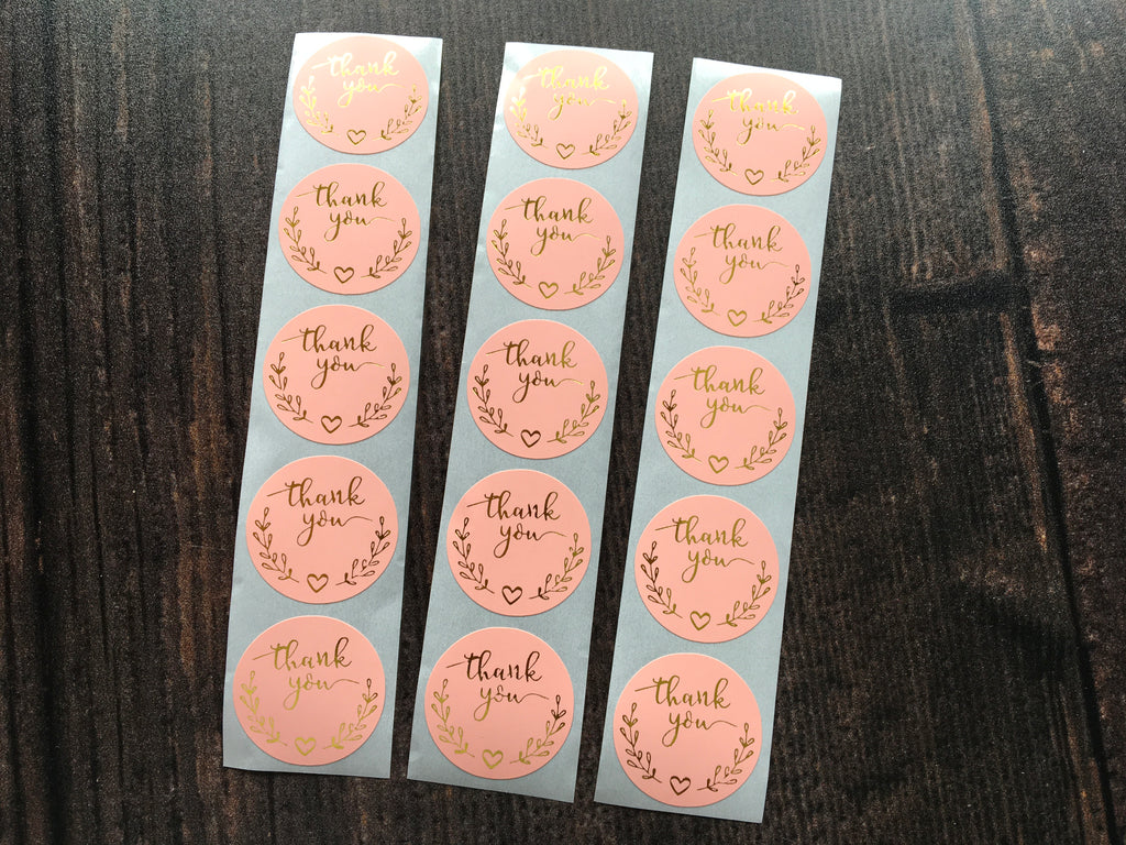 Pink 'Thank you' stickers with gold foil detail