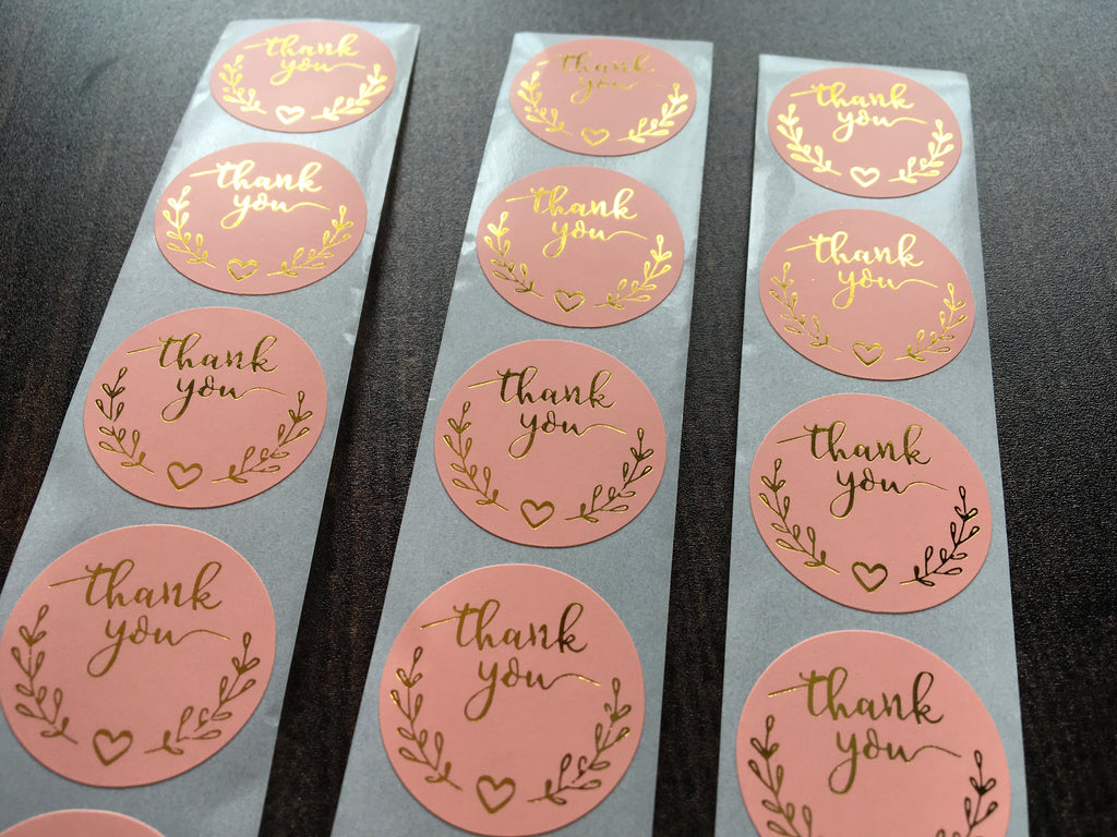 Wedding 'Thank You' stickers with gold foil wreath