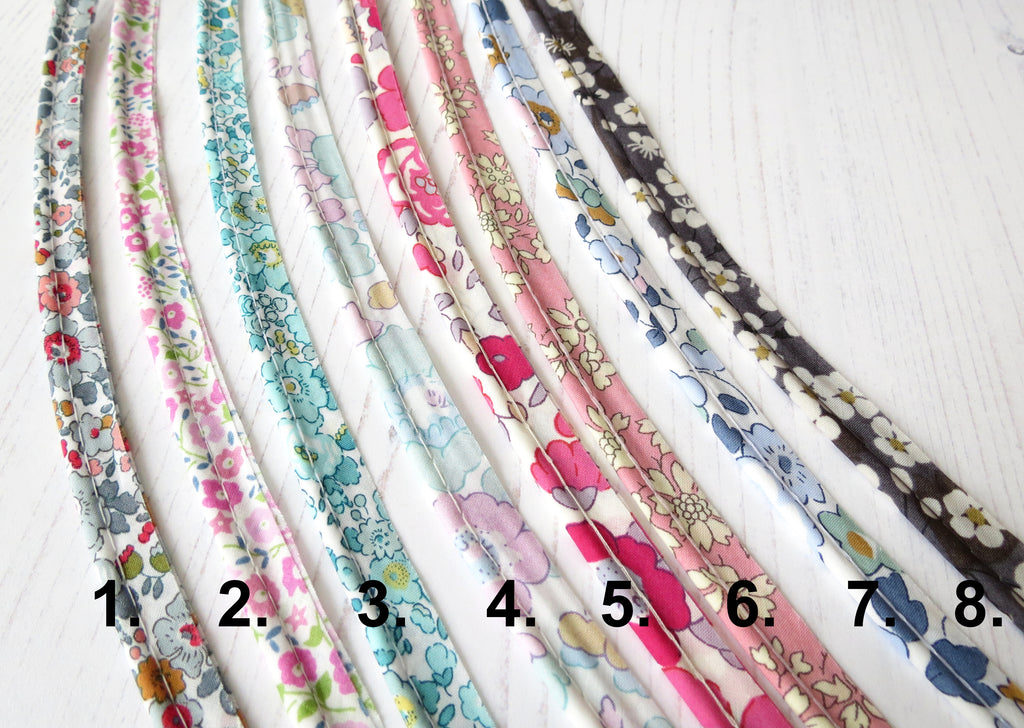 Liberty fabric piping cord for embellishing clothing or cushions and pillows