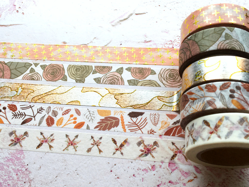 Washi Tape Rose Gold Metallic Abstract Floral Copper Pattern 10m