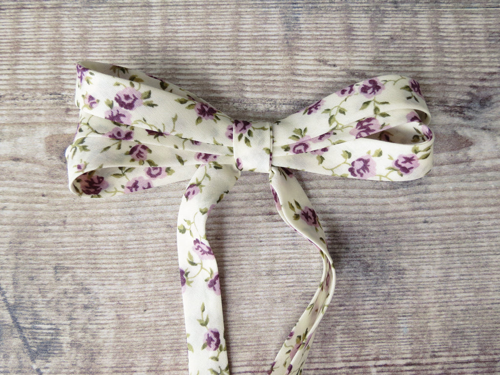 Liberty Nina J fabric bias binding with romantic rose pattern in purple and beige