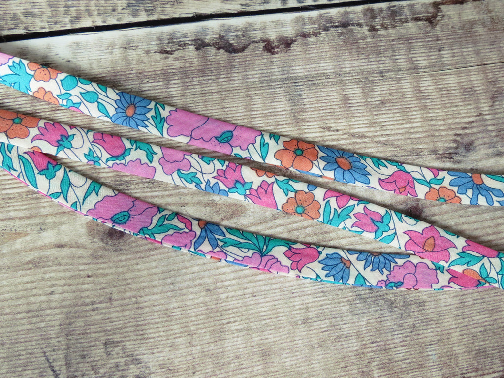 Liberty Poppy and Daisy bias binding in pink, teal, orange and white