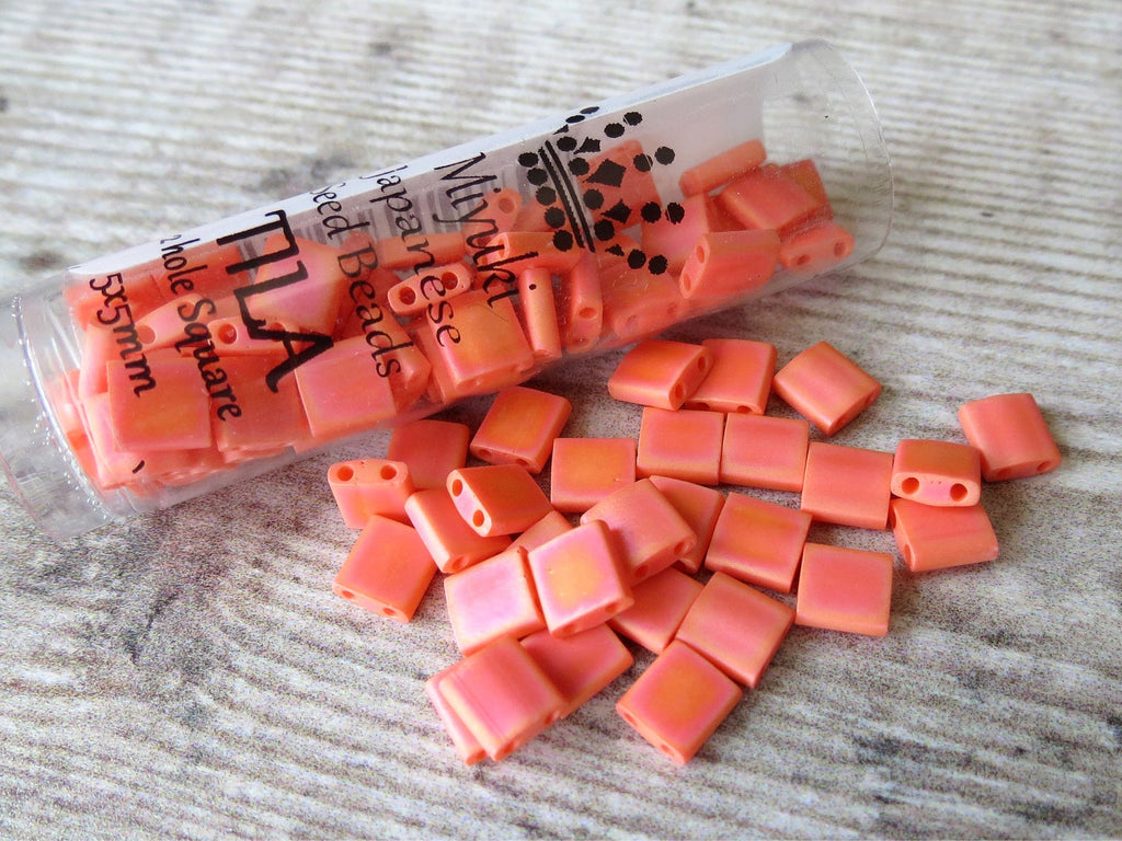 Tila Matte Opaque Orange AB, 5mm square 2 hole beads