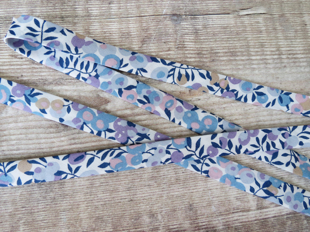 Blue and lilac Liberty fabric bias binding with pretty berry pattern