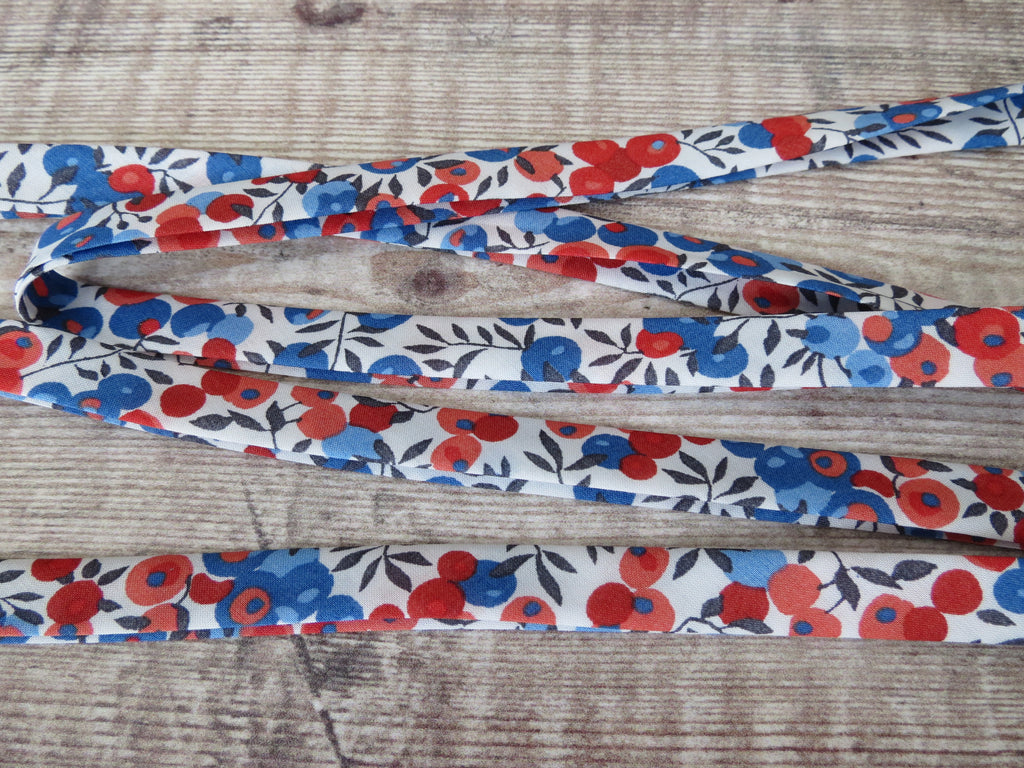 Liberty fabric bias tape with 4th of July colour scheme in blue, red and white