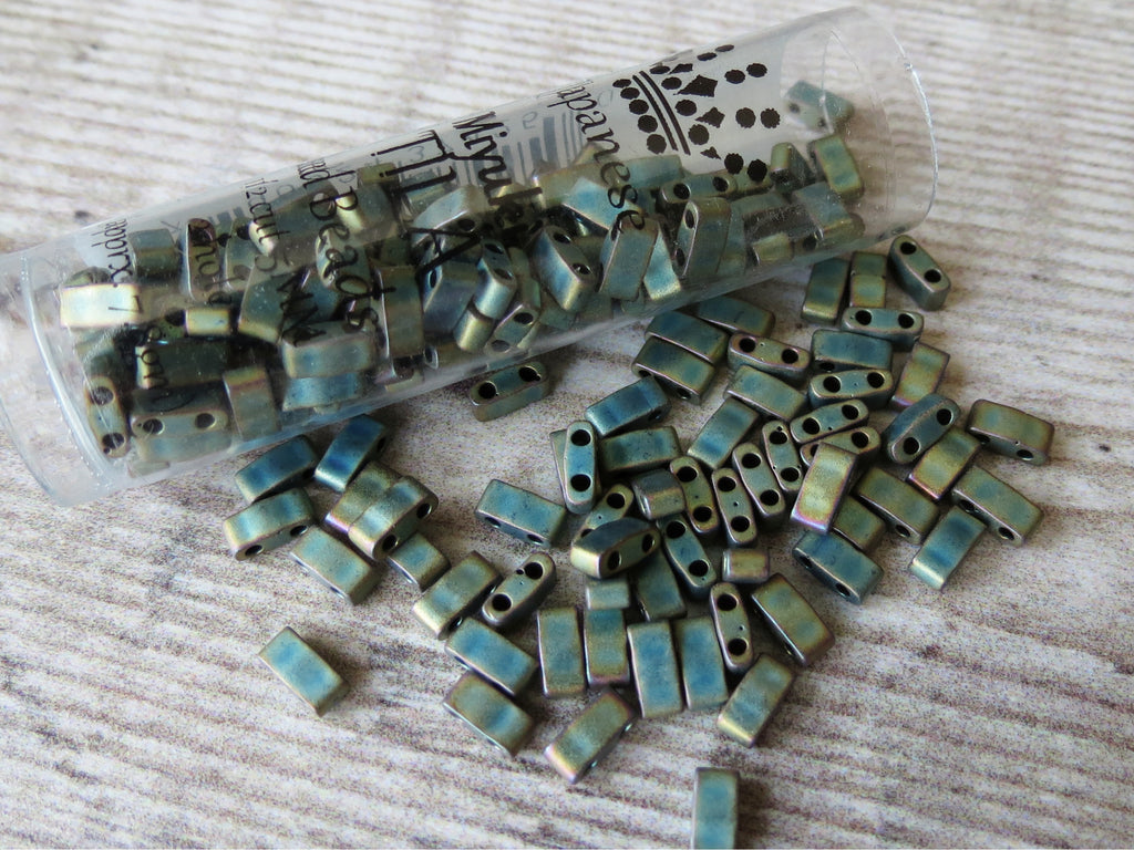 Half cut Tila beads in matte metallic green iris